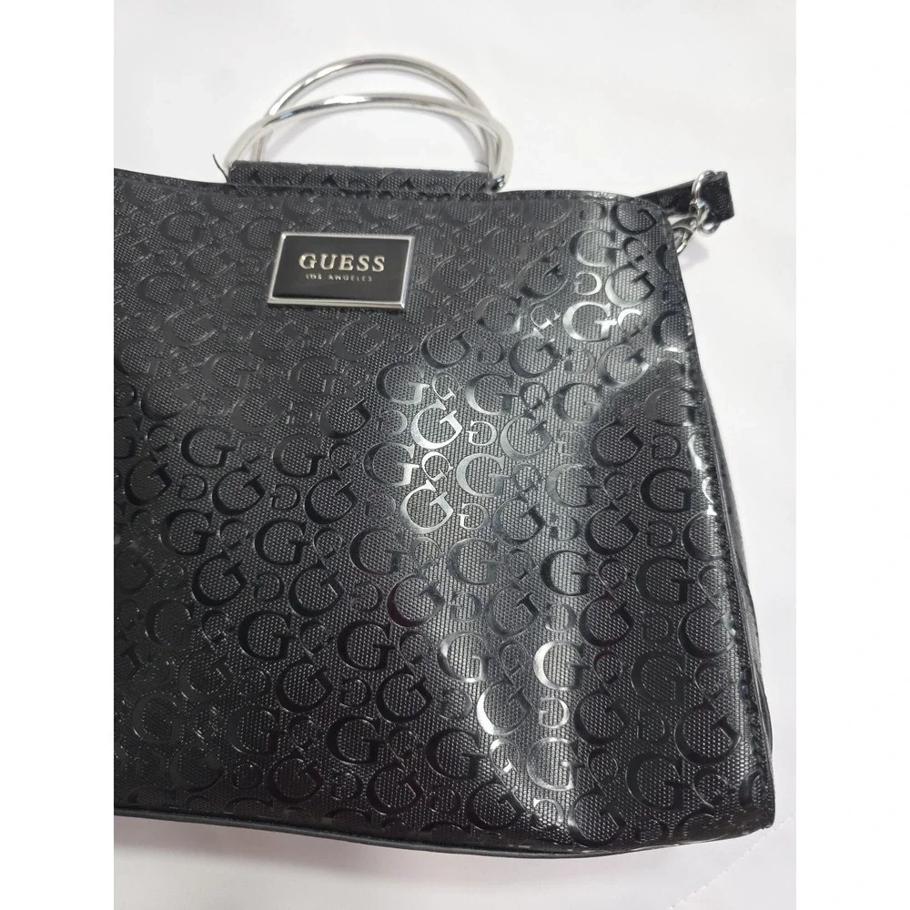 Guess Black Logo Satchel Handbag Silver Handle Crossbody Strap Spacious Bag - Picture 11 of 11